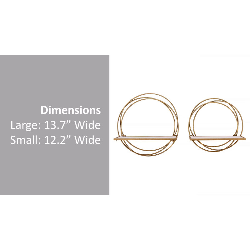 Gold Metal Rings Floating Wall Shelves with Whitewash Wood