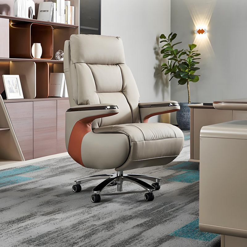 48.82" Italian-Style Luxury Light Khaki Leather Electric Executive Chair with Footrest and Reclining Function