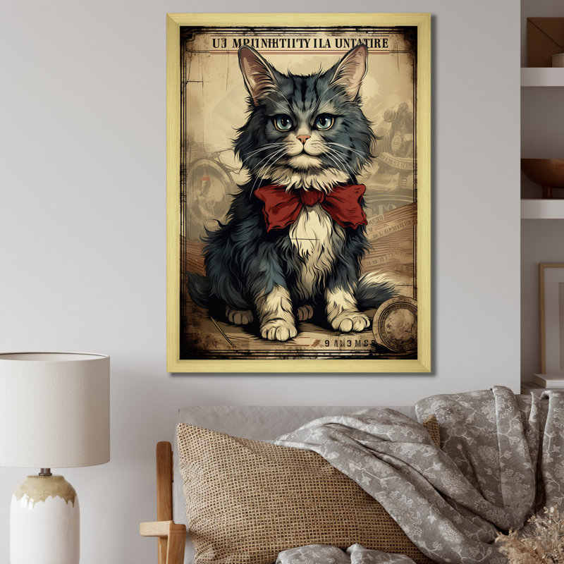 Illustration d'un chat avec un arc rouge, Cadre doré à une seule photo, H 40 po x l 30 po x P 1,5 po