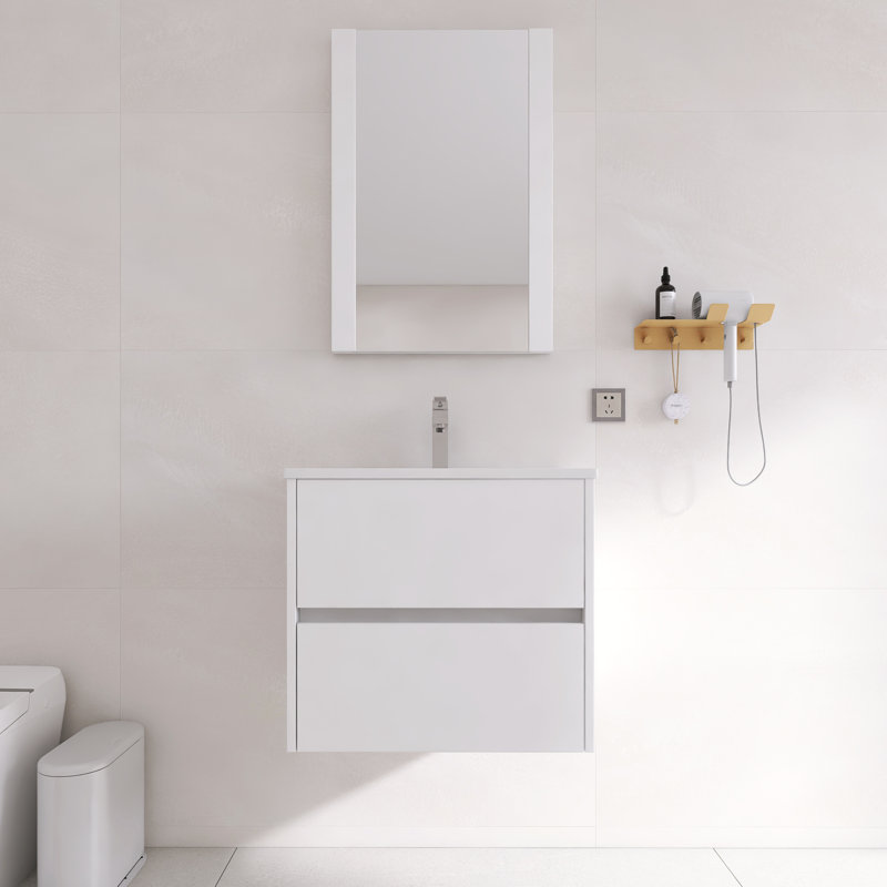 Ensemble de meuble-lavabo mural 24 po avec comptoir en céramique et miroir | Deux tiroirs à fermeture en douceur, plomberie en forme de U et finition imperméable à 5 couches