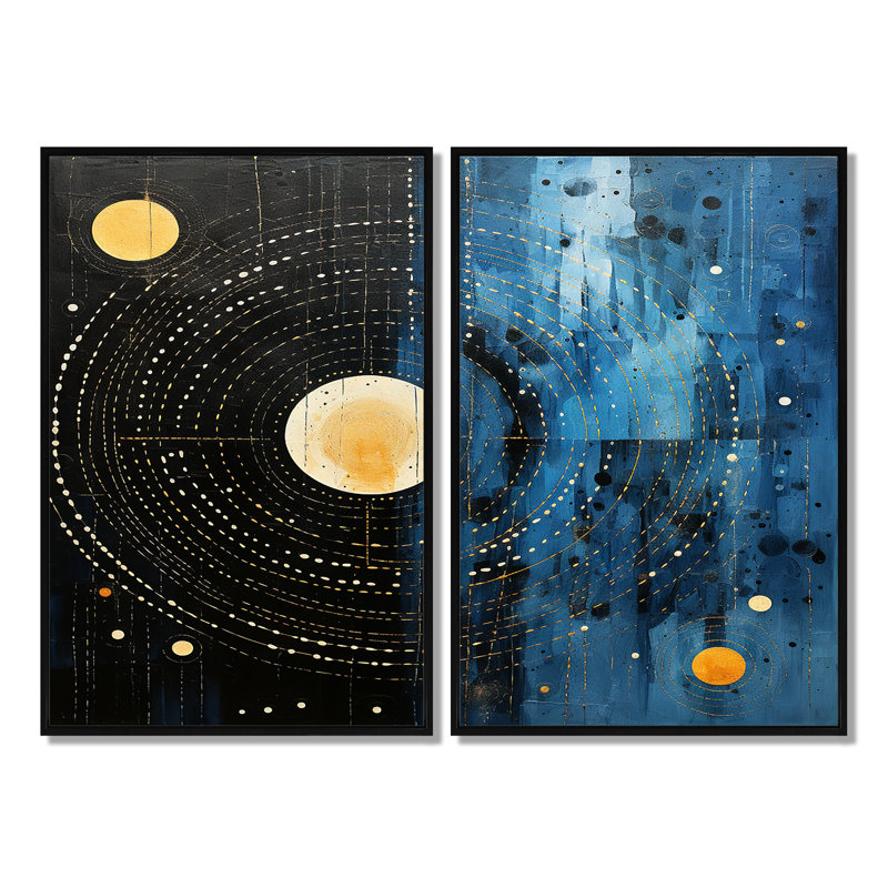 Bleu minimaliste lune V - art mural moderne bleu 2 panneaux, Impression encadrée flottante, Noir, H 36 po x l 48 po