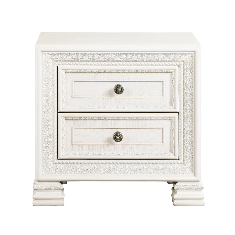 Table de chevet de chambre à coucher blanche avec fond en placage et 2 tiroirs perle antique