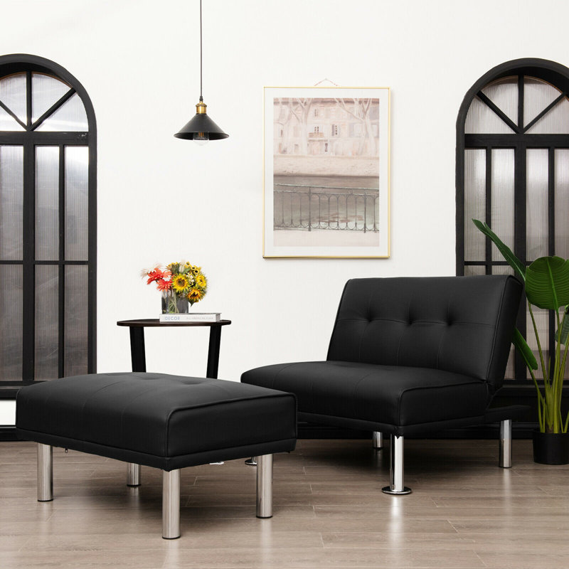 Faux Leather Accent Chair with Ottoman, Black Faux Leather