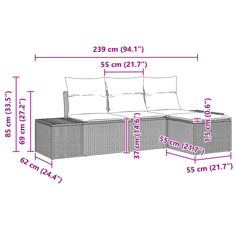 Ensemble de canapé de jardin vidaXL 4 pièces en rotin de polyester noir et turquoise