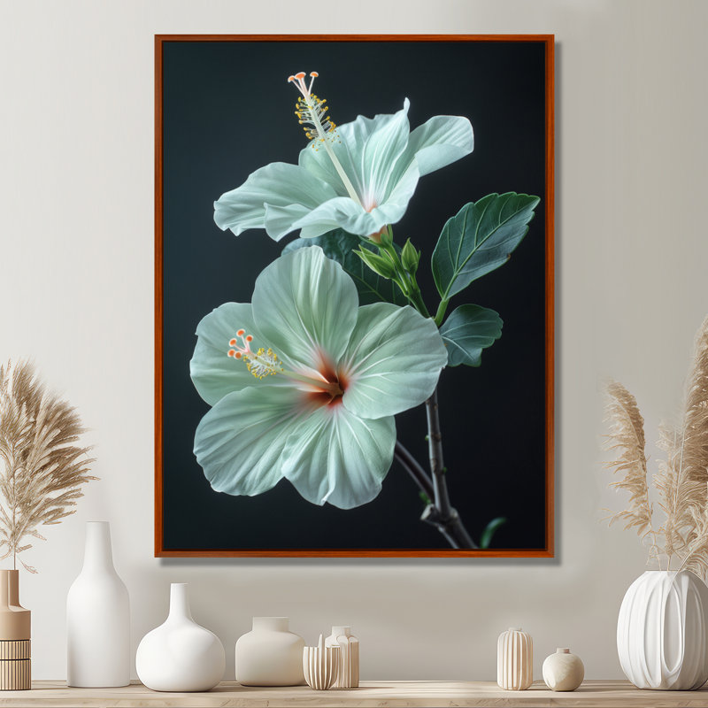 Hibiscus vert cristal II - Hibiscus, Cadre flottant brun, H 16 po x l 32 po