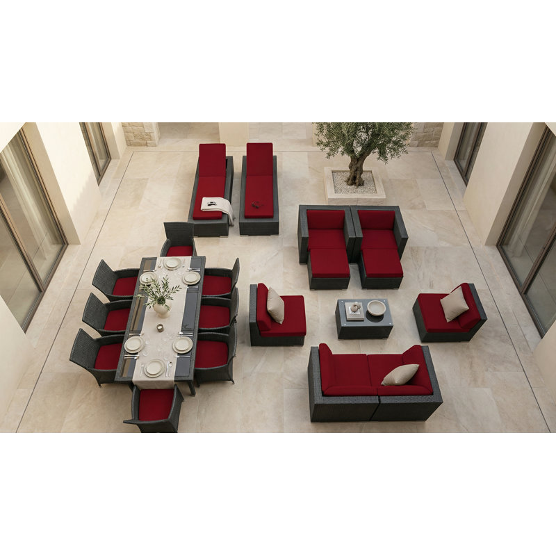 Ensemble de conversation en osier Pavior, Noir, Toile Sunbrella® rouge Jockey