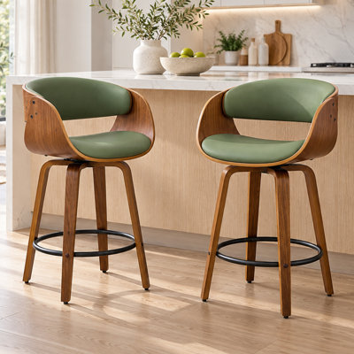 Modern Faux Leather Swivel 26'' Stools, Wood Counter Stools with Arms and Footrest