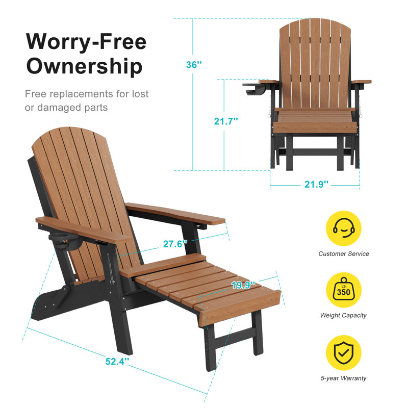 Folding Adirondack Chair with Retractable Ottoman & Cup Holder, 3-Position Adjustable for Patio, All-Weather Outdoor Seating