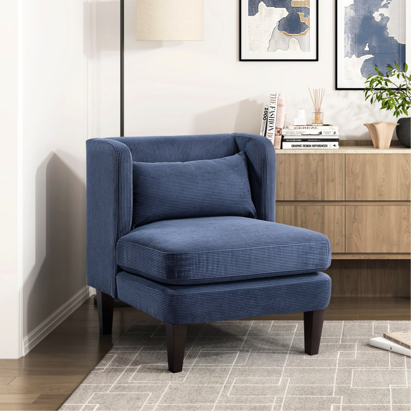 Fauteuil d'appoint en velours côtelé bleu pour espace de vie principal, pieds de finition, pièce de revêtement amovible en bleu, revêtement en bois massif, rembourrage en mousse haute