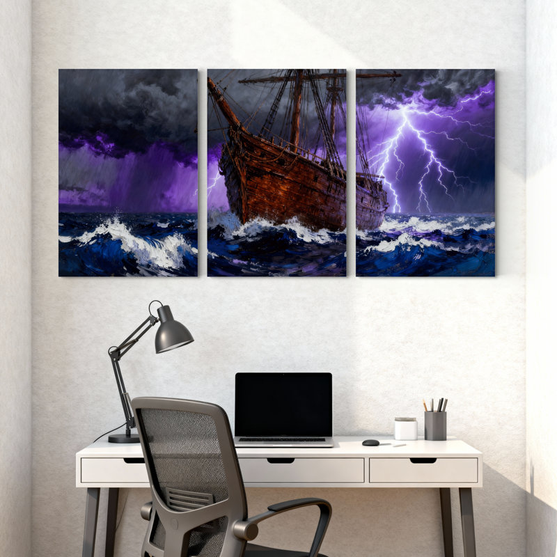«Nautical Stormy Sea Ship Lightning Purple Sky Waves», ensemble de 3 impressions sur toile, H 18 po x l 36 po