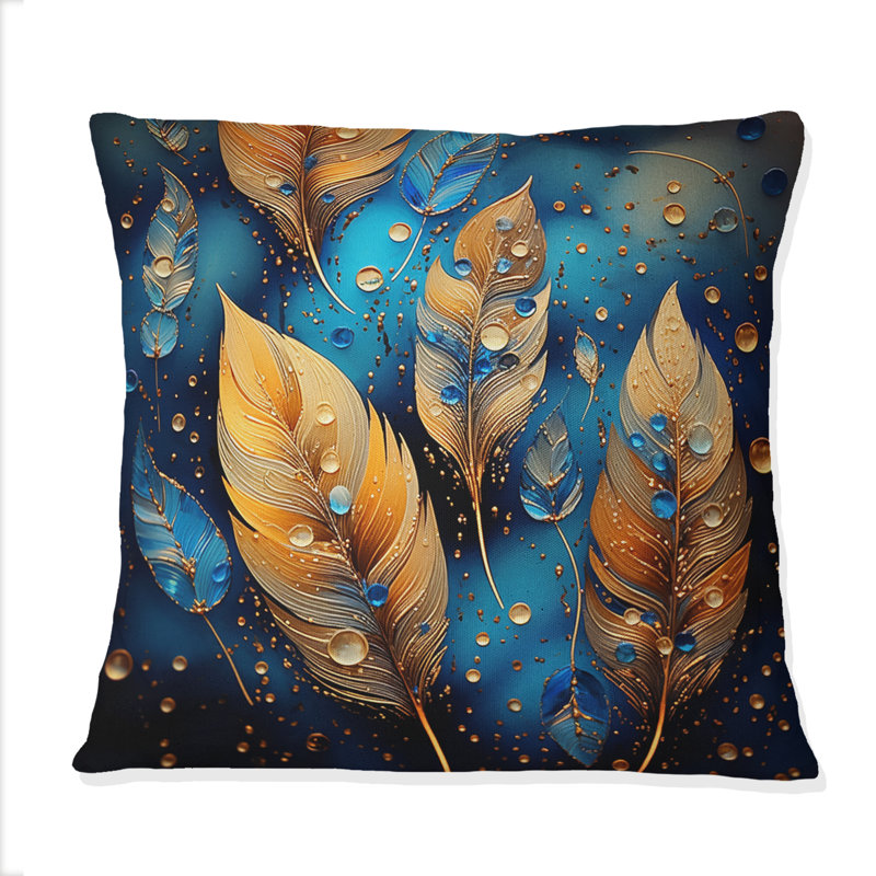 Coussin Boho Glam Gold Feathers On Cosmic Blue
