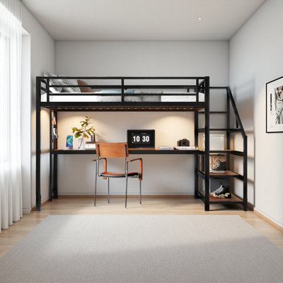 Queen Loft Bed With Desk And Storage Stairs, Metal Loft Beds With LED Lights, USB Ports, Multifunctional Iron Nets, No Spring Box Needed And Noise-Free
