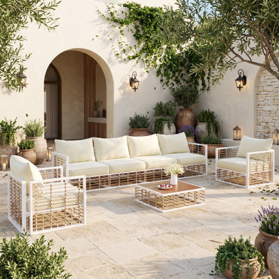 7-Piece Modular Metal Patio Sectional Sofa Set with 5.11-Inch Cushions, Adjustable Feet and Coffee Table, White