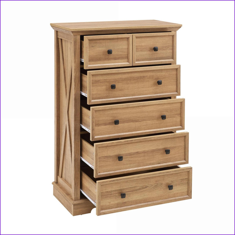 Dresser 6 Drawer Farmhouse Modern Walnut Brown Wood Grain, 31.5”L x 15.75”W x 47.64”H | MDF | Bedroom, Natural