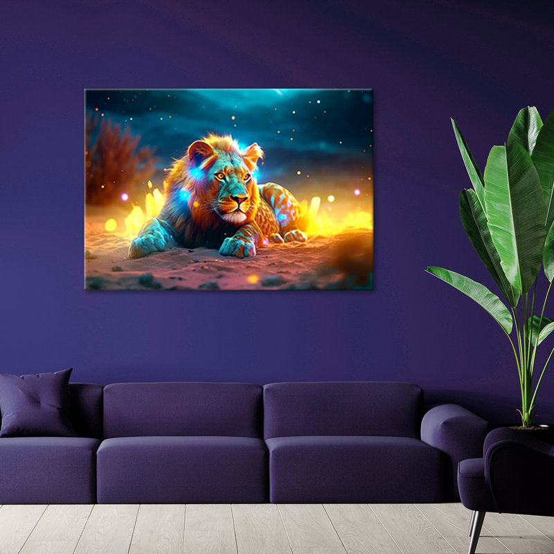Neon Lion Abstract - No Frame Print on Canvas, 60cm H x 90cm W