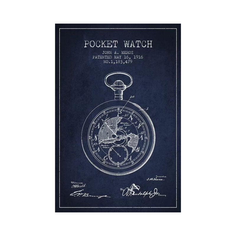 John A. Meroz Pocket Watch Pattern Sketch (Navy Blue) by Aged Pixel - Wrapped Canvas Print, 20.32 cm H x 30.48 cm W