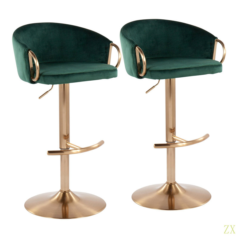 Tabouret de bar Claire / contemporain en acier avec repose-pieds en T et velours Claire par Lumisource - ensemble de 2, Vert