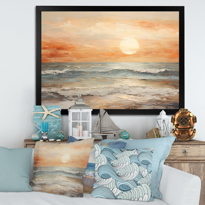 Art sur toile, coucher de soleil sur la plage, H 34 po x l 44 po x P 1,5 po, Cadre noir
