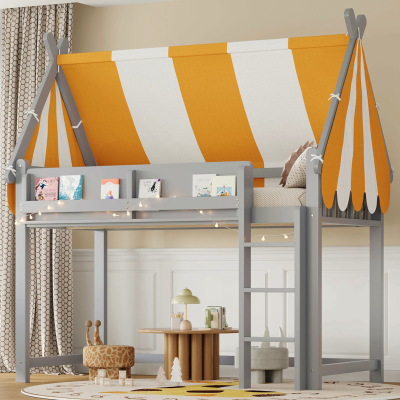 Loft Bed With Canopy, Led Lights & Book Shelf, Gray, Twin, Gray
