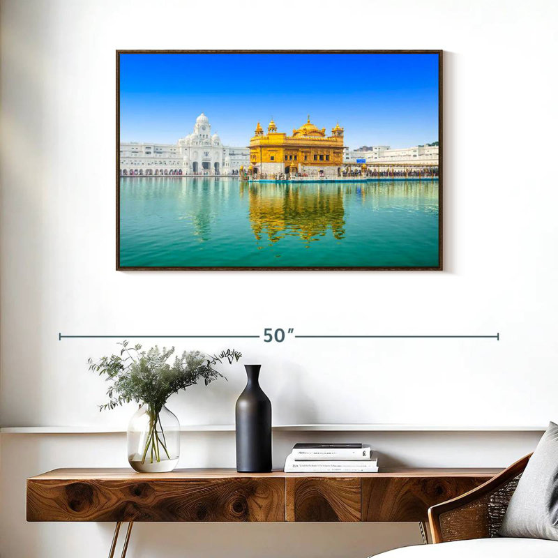 Temple de sri Harmandir, 37 po x 25 po, Cadre flottant noyer