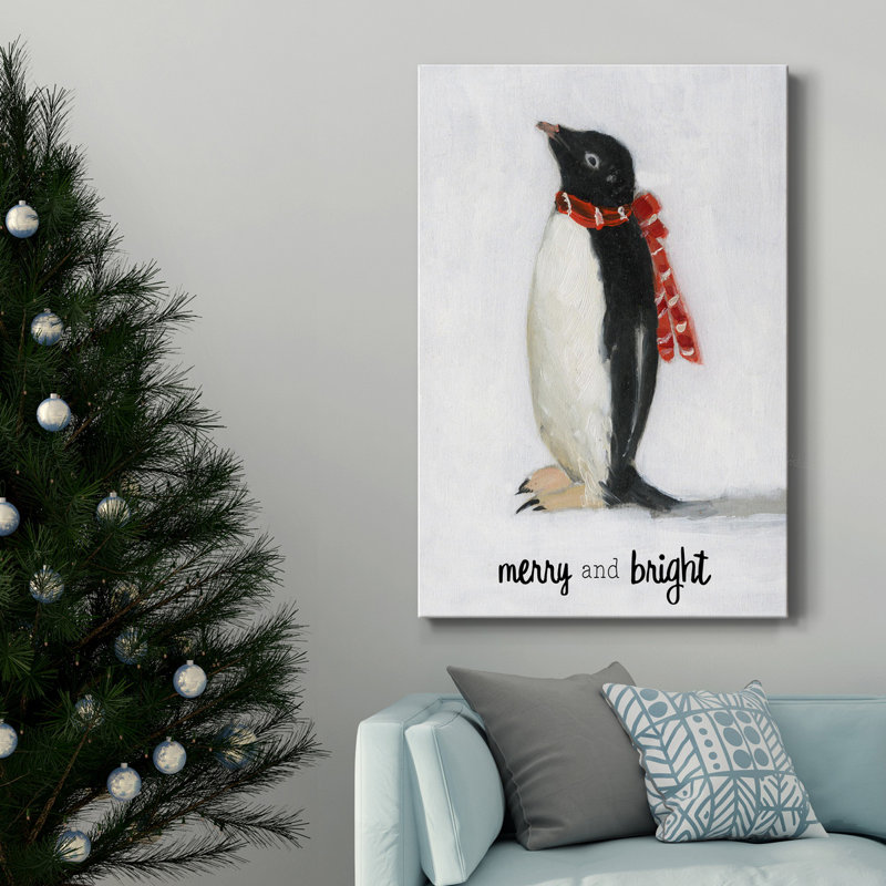 «Merry And Bright Penguin», toile tendue avec châssis - Prêt à accrocher, H 27 po x l 18 po x P 1 po