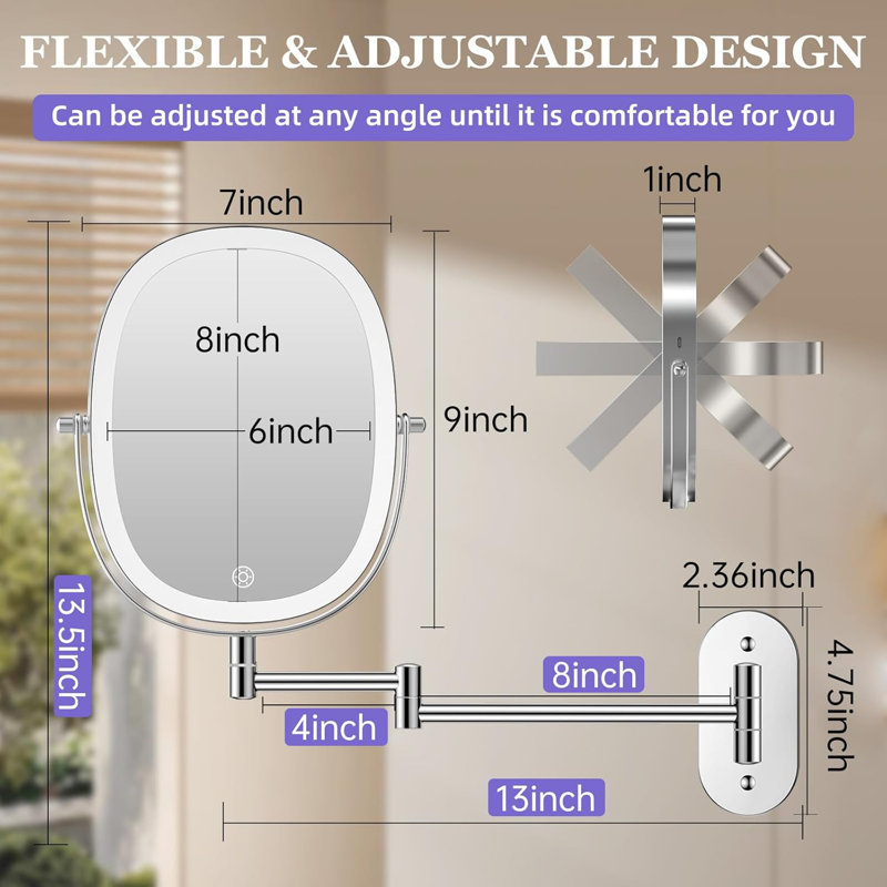 Oval Chrome Metal Magnifying Rechargeable LED Wall Mounted Bathroom Vanity Makeup Mirror, Chrome