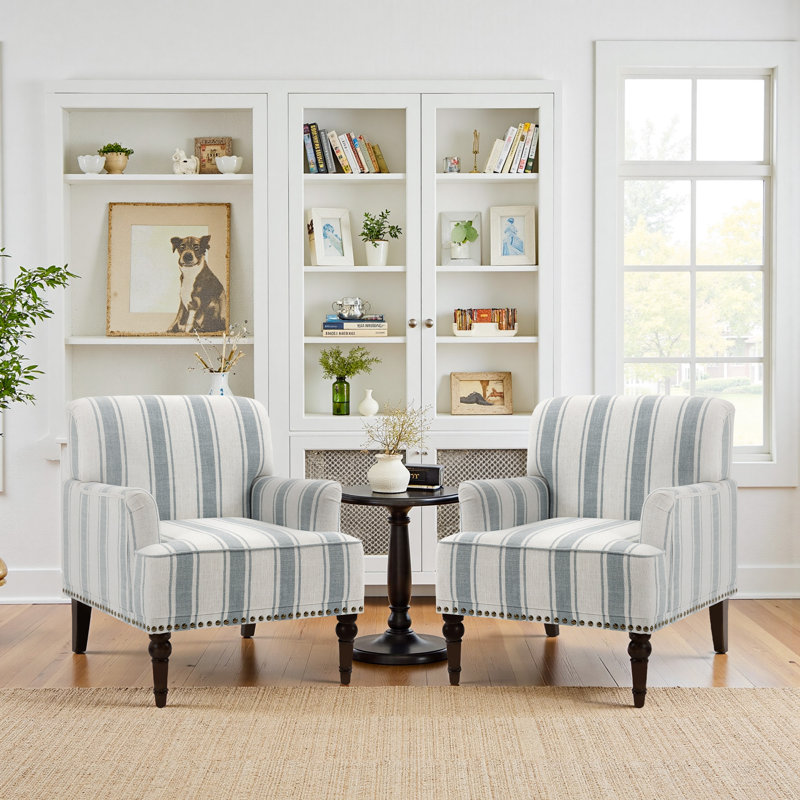 Iliana Upholstered Blue Stripe Cotton Blend Armchair with Solid Wood Legs and Nailhead Trim, Blue Stripe Linen