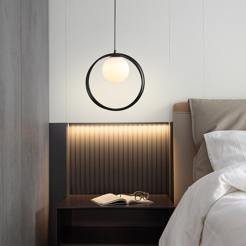 16.14" 1-Light Black Circular Glass Globe Adjustable Pendant Light, Black