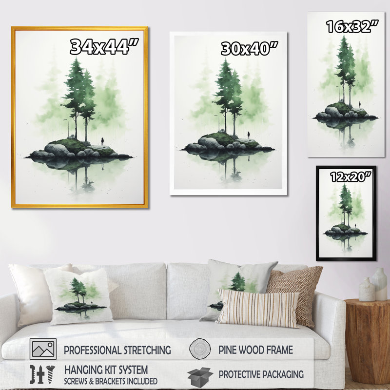 Pin, île, aquarelle minimale, vert tendre, H 20 po x l 12 po x P 1 po, Cadre flottant doré