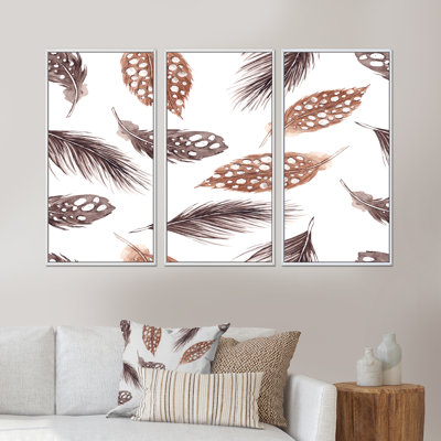 «Brown and Grey Polka Dot Feathers», ensemble de 3 impressions sur toile à cadre flottant