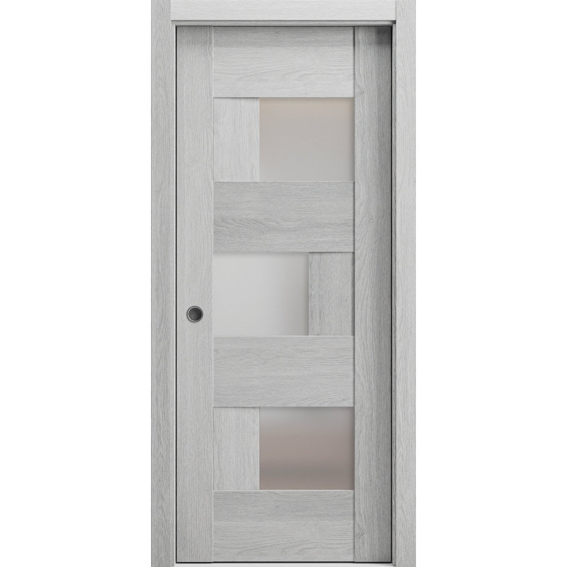 Porte coulissante à galandage avec vitrage dépoli Sete 6933, ensemble de garnitures et de quincaillerie en chêne gris pâle, bois massif, pour chambre à coucher, portes robustes - 45,7 cm x 203,2 cm