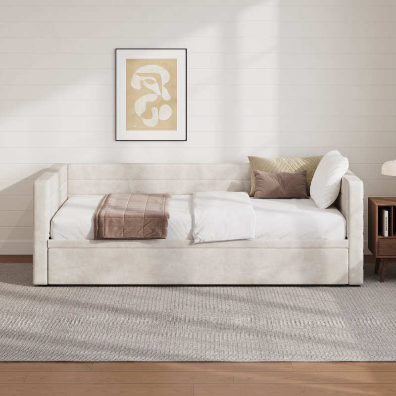 Structure de lit simple rembourrée avec lit gigogne allongé, Beige