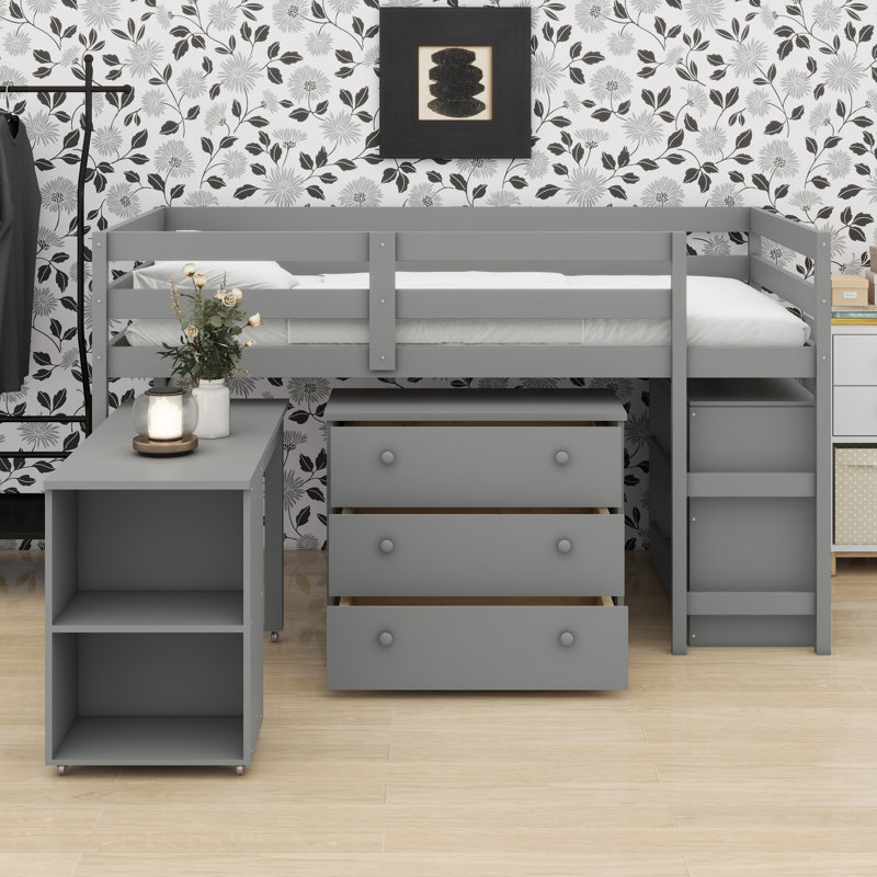 Lit mezzanine bas avec armoire de rangement et bureau portatif à roulettes, Grey