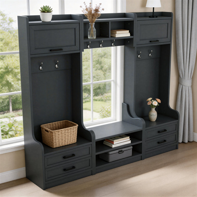 Retro Blue Four-In-One Detachable Coat Rack With 7 Hooks, Drawers, And Storage Cabinet; Also Functions As A Shoe Bench, Suitable For Entryways And Hallways.