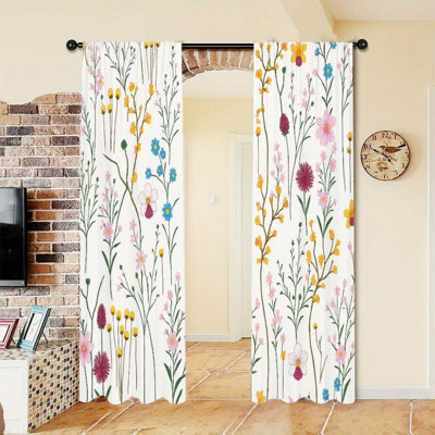 2Pcs Wildflower Meadow Curtains, Delicate Botanical Design, Aesthetic Cottagecore Style, Vibrant Floral Pattern, Rod Pocket for Living Room Bedroom Balcony Window Decor
