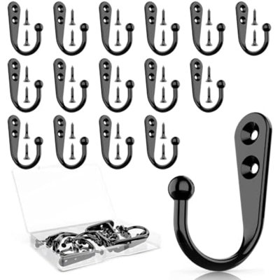15 Pcs Black Coat Hooks, Wall Hooks for Closet Hanging, 30 Screws | Bathroom bedroom kitchen use, holds towels scarves hats keys cups, metal surface mount hook hangers