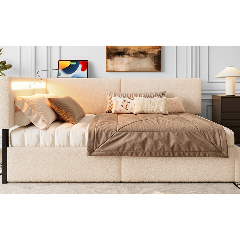 Structure de lit double avec DEL, charge, 2 tiroirs de rangement, accoudoirs rembourrés de mousse et tête de lit tapissier beige rembourrée, tissu doux de soutien en bois massif