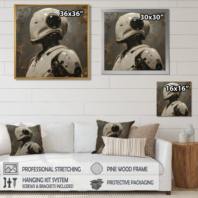 Blanc et gris métal majestueux Robot II - Robots Wall Art Living Room, Toile tendue, H 30 po x l 30 po