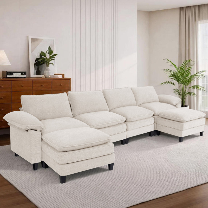 Canapé d'angle rembourré avec 2 repose-pieds, Tissu beige, H 37,4 po x l 113 po x P 61 po
