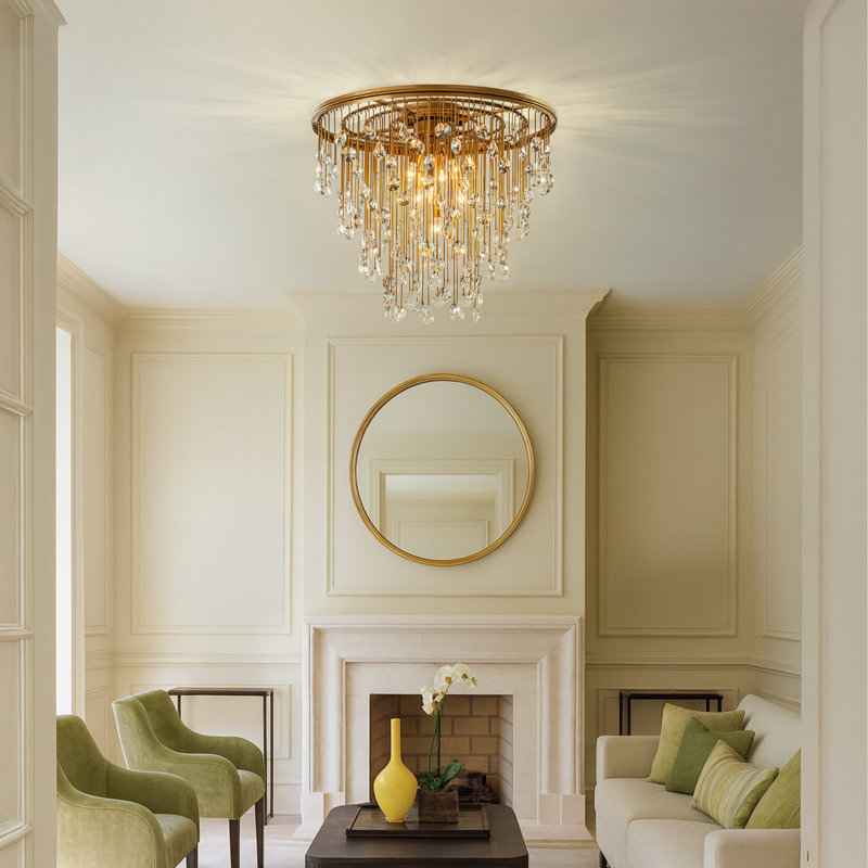 Jacaden 5-Light 20" Antique Brass Mid-Century Modern Round Tiered Flush Mount Elegant Crystal Dining Room Ceiling Lights