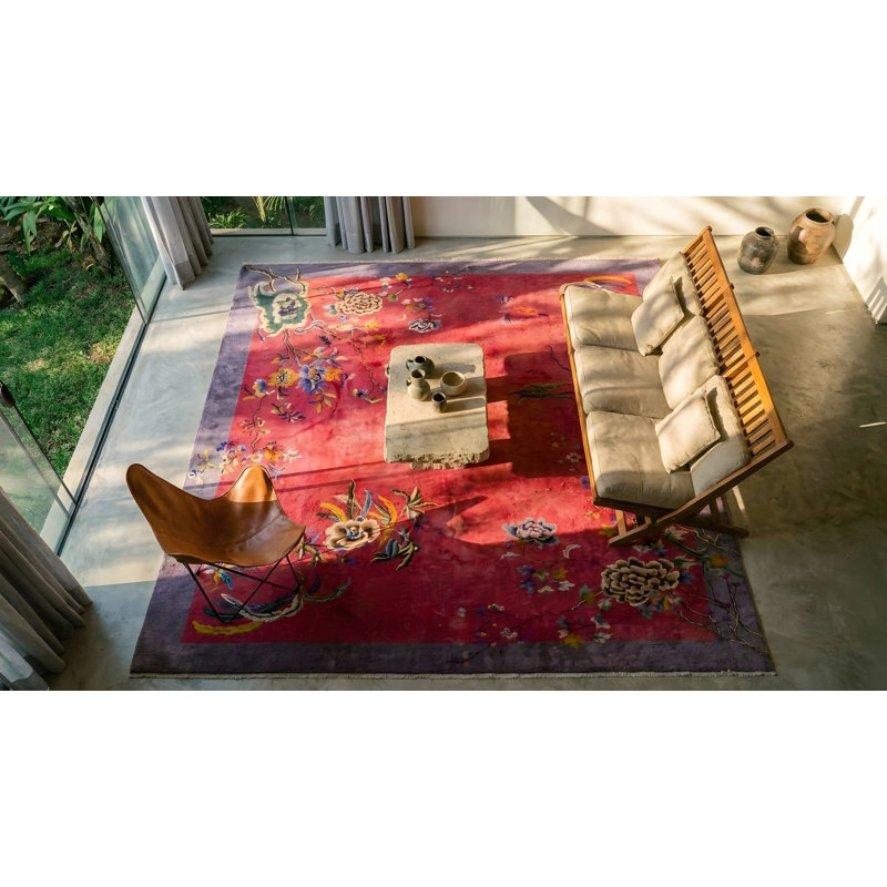 Wool Floral 1920s Antique Rectangle Hand Knotted Pile Purple / Lavender Mauve Rug