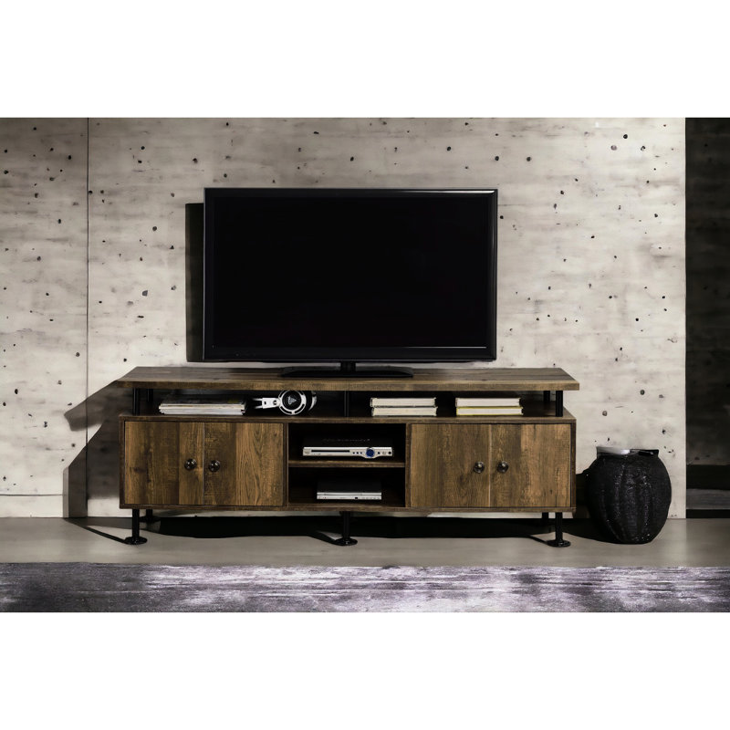 Metal Frame Rustic Oak & Black Finish Tv Stand With 4 Open Compartment And Door Storage For 50 - 59 Inch Screens In Black, Compartments Storages, Fits To Flat Screen Tvs