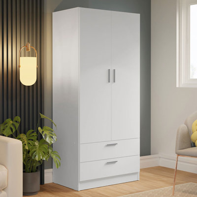 2 Door 2 Drawer Storage Cabinet Wardrobe with Shelf and Hanging Space 31"L Wooden Armoire Closet Organization Unit for Bedroom and Offic by Latitude Run 2 Door 2 Drawer Storage Cabinet Wardrobe with Shelf and Hanging Space 31"L Wooden Armoire Closet Organization Unit for Bedroom and Offic by Latitude Run