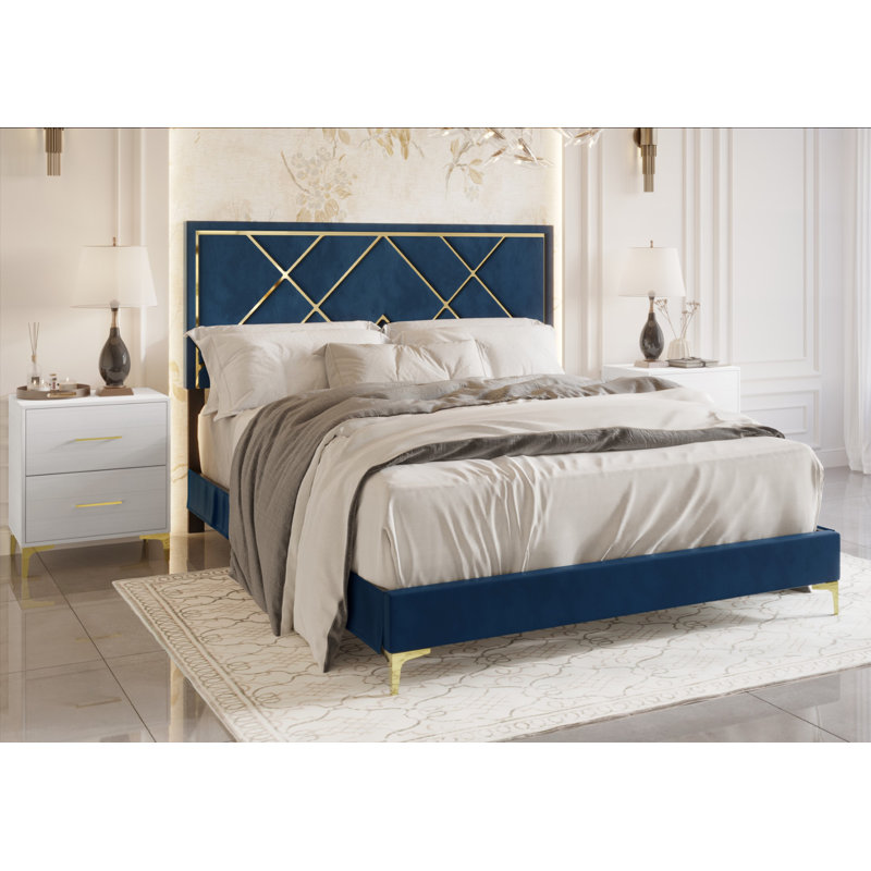 Lausyn Upholstered Standard 3 Piece Bedroom Set, Navy Blue, Queen