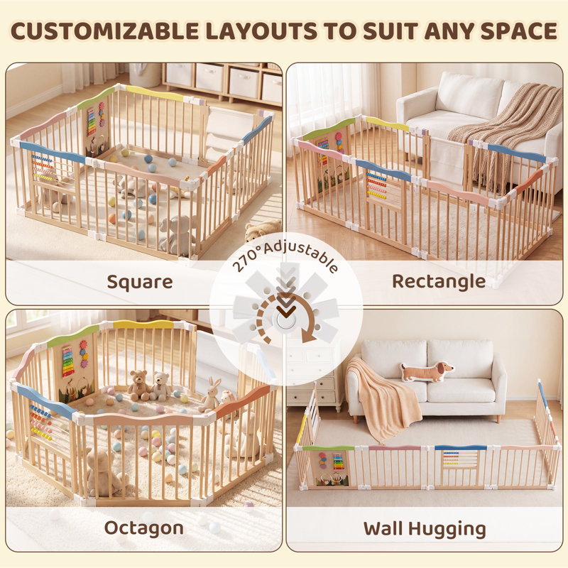Parc pour bébé 8 panneaux en pin massif avec barrière verrouillable et jouets interactifs, 8