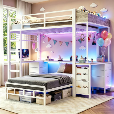  Twin Over Twin Bunk Bed with 2 Desks and Storage 86.2 x 83 x 72.6''