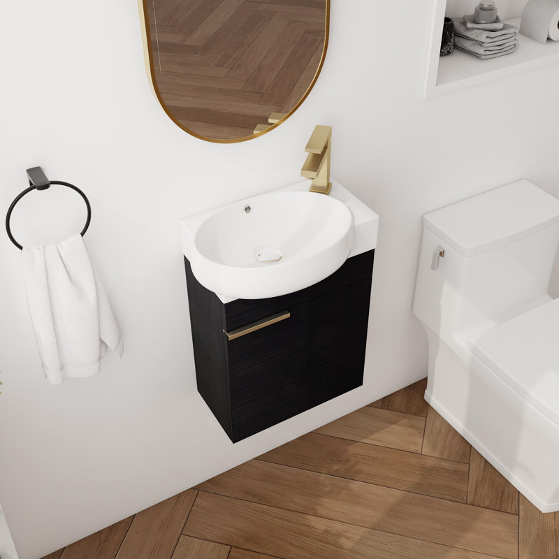 Ensemble de meuble-lavabo simple mural 16 po Romolo, meuble-lavabo flottant avec lavabo en céramique, 1 porte, Noir / or