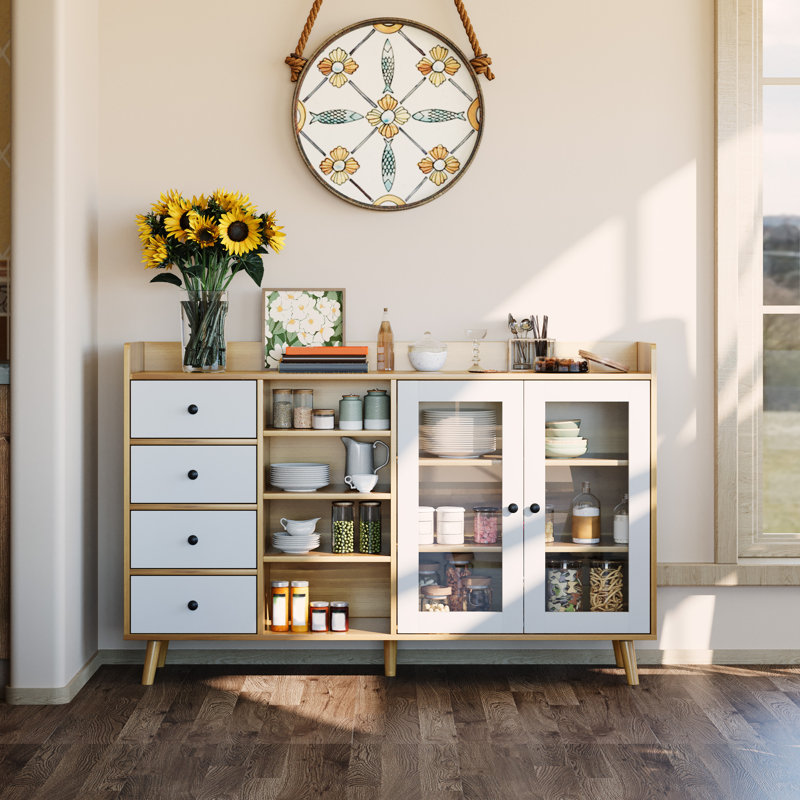 Buffet de 55 pouces avec tablettes réglables, tiroirs et portes en verre, Beige / Blanc