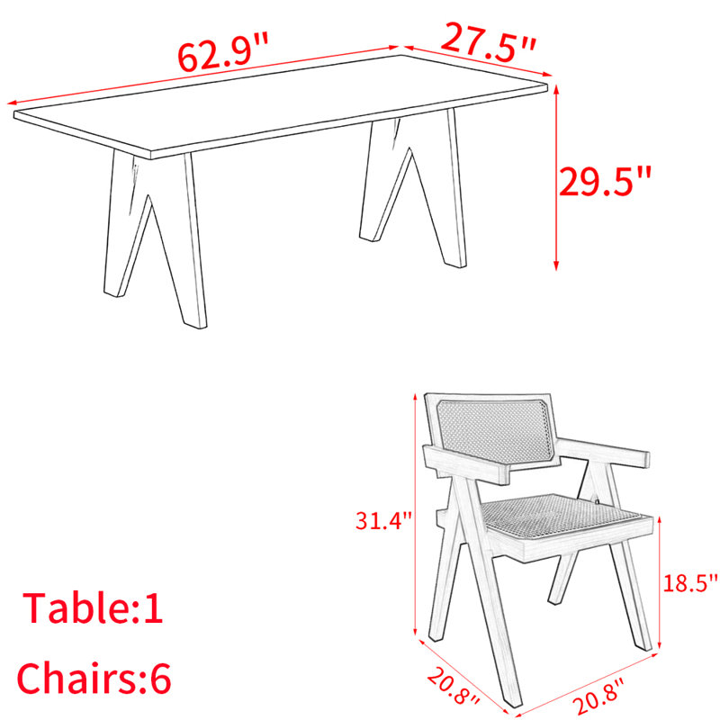 Ensemble de table de salle à manger simple en bois massif de style nordique, H 29,5 po x L 62,9 po x l 27,5 po