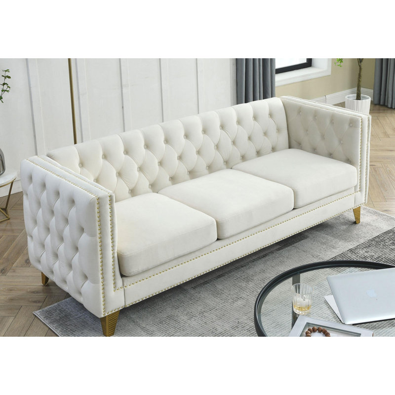 Canapé moderne rembourré avec boutons et pieds en métal, canapé pour la chambre à coucher, canapé en velours pour le salon, canapé à accoudoirs carrés capitonnés